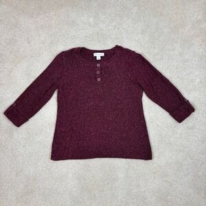 Christopher & Banks Womens Burgundy Sparkle Knit Henley Sweater Cottage Size M